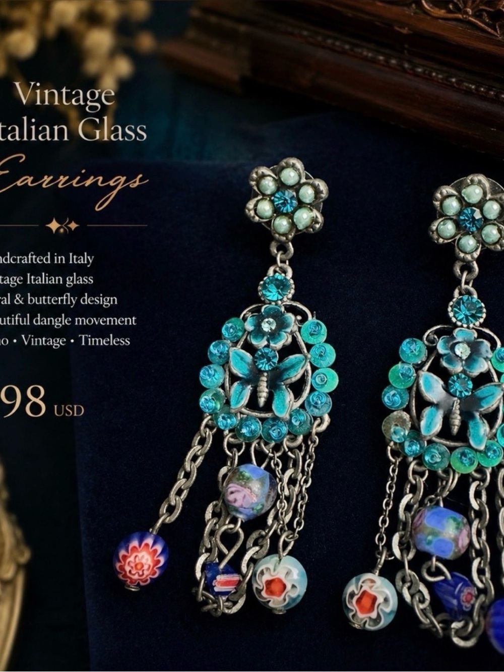 Vintage Turquoise and Aqua Italian Glass Dangle Earrings